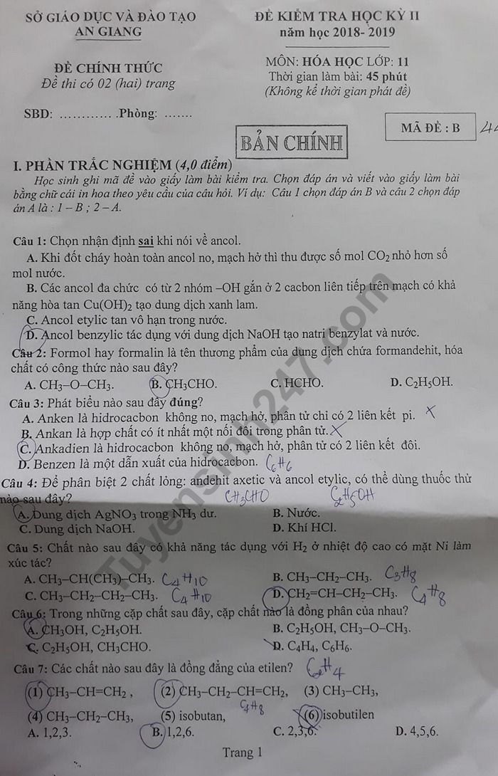 De thi hoc ki 2 mon Hoa lop 11 - So GD An Giang nam 2019