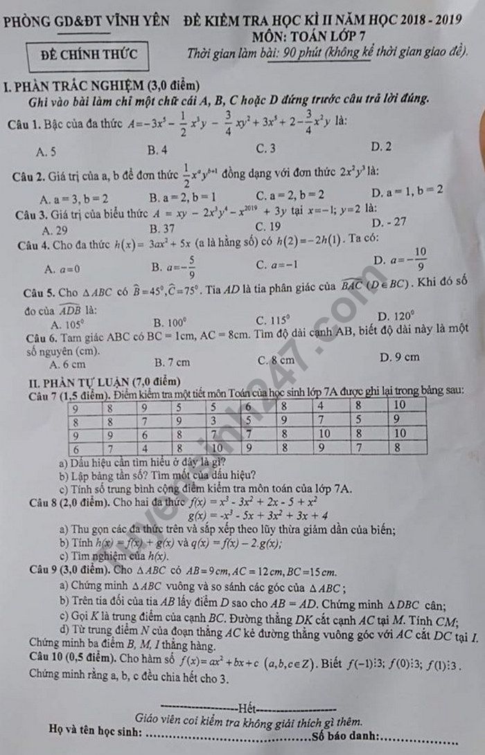 De ki 2 mon Toan lop 7 - Phong GD Vinh Yen nam 2019