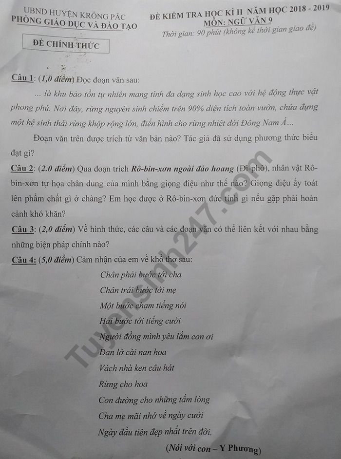 De ki 2 mon Van lop 9 nam 2019 huyen Krong Pac