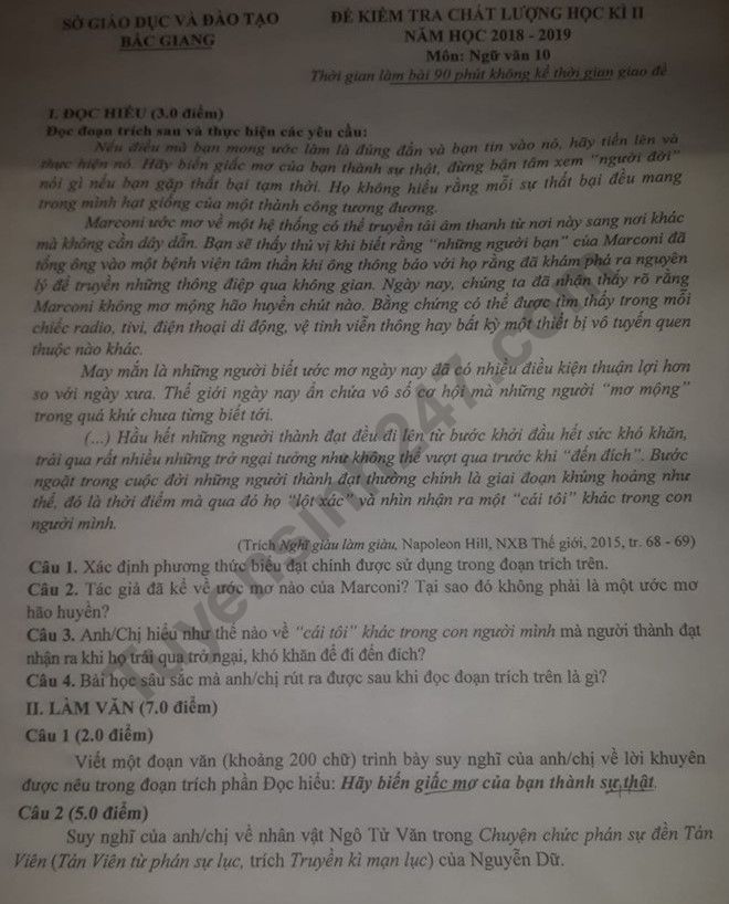 De thi ki 2 lop 10 mon Van - So GD Bac Giang 2019