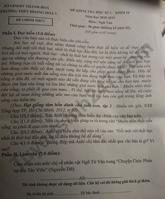 De thi ki 2 mon Van lop 10 THPT Hoang Hoa 3 nam 2019