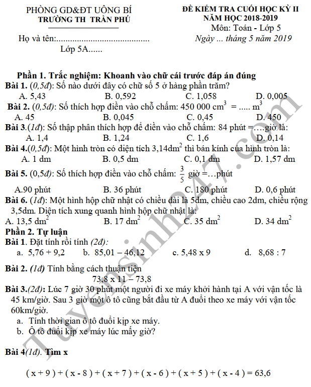 De thi ki 2 lop 5 mon Toan TH Tran Phu 2019
