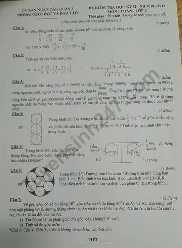 De thi ki 2 lop 6 mon Toan Quan 5 nam 2019