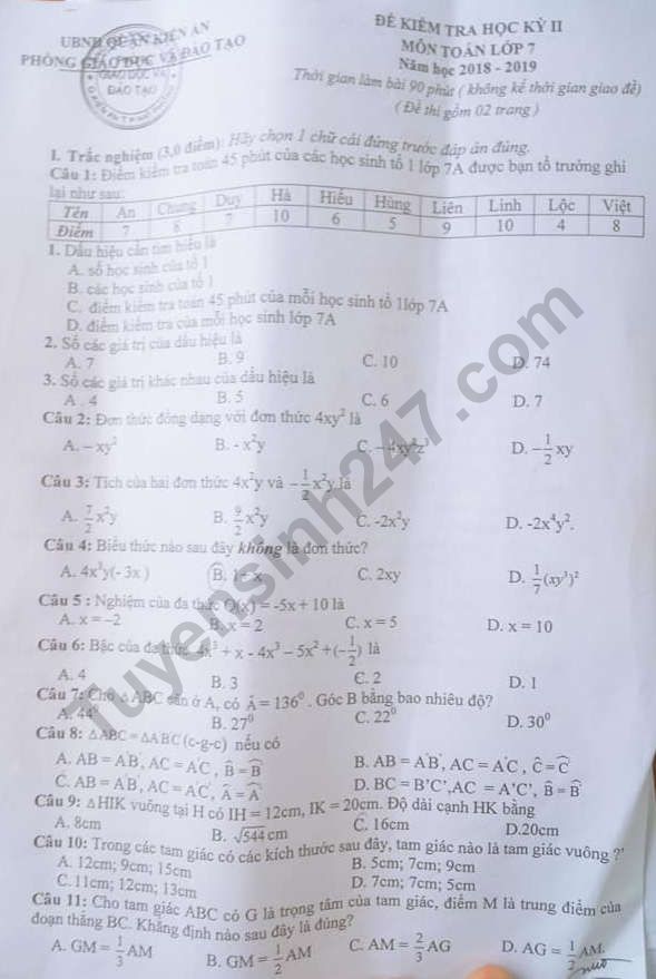 De thi ki 2 lop 7 mon Toan - Quan Kien An 2019
