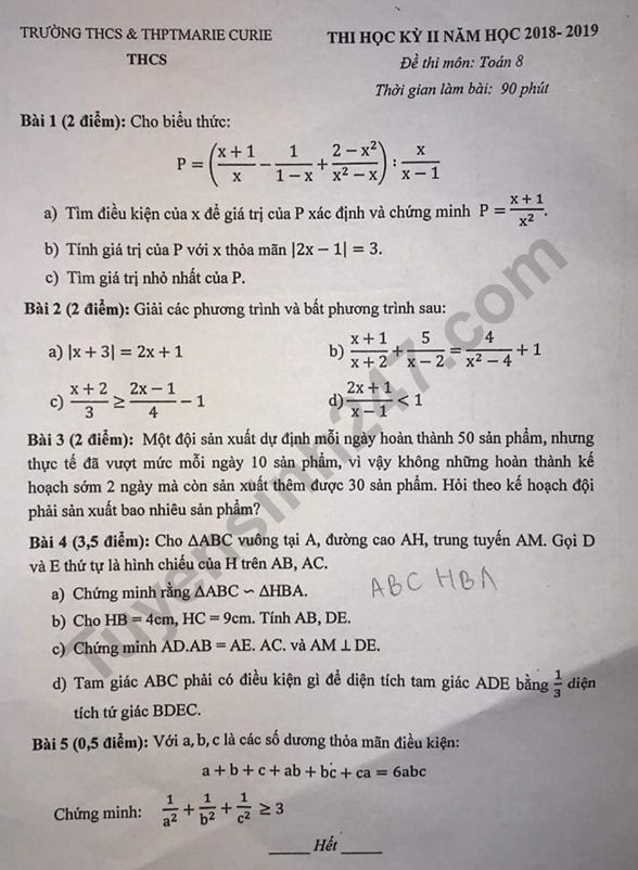 De thi ki 2 lop 8 mon Toan THCS & THPT Marie Curie 2019