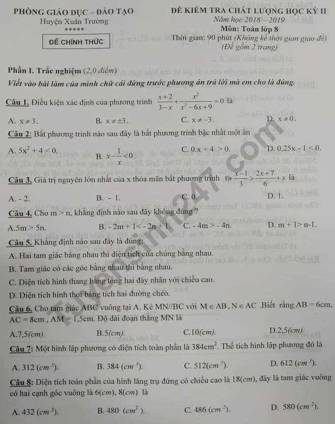 De thi ki 2 mon Toan lop 8 - Phong GD Xuan Truong 2019