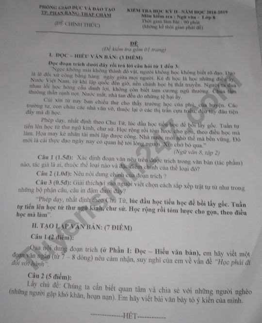 De thi ki 2 mon Van lop 8 - Phan Rang Thap Cham 2019