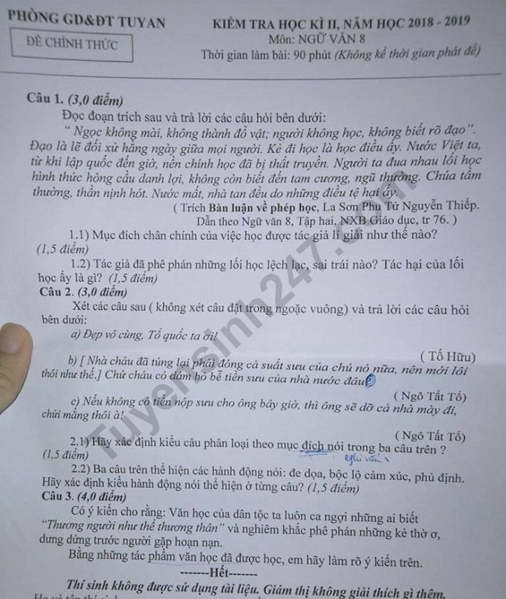 De thi ki 2 lop 8 mon Van - Phong GD Tuy An 2019