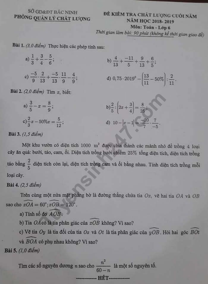 De thi mon Toan lop 6 - So GD Bac Ninh nam 2019
