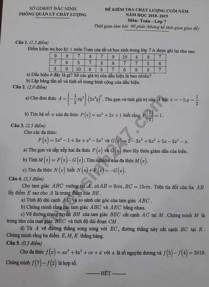De thi hoc ki 2 mon Toan lop 7 - So GD Bac Ninh 2019