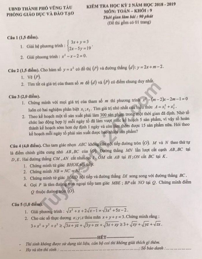 De thi ki 2 mon Toan lop 9 - Phong GD Vung Tau 2019