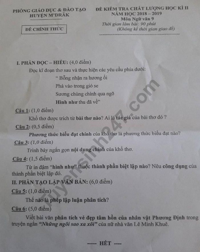 De ki 2 mon Van lop 9 nam 2019 Huyen M\'DRAK
