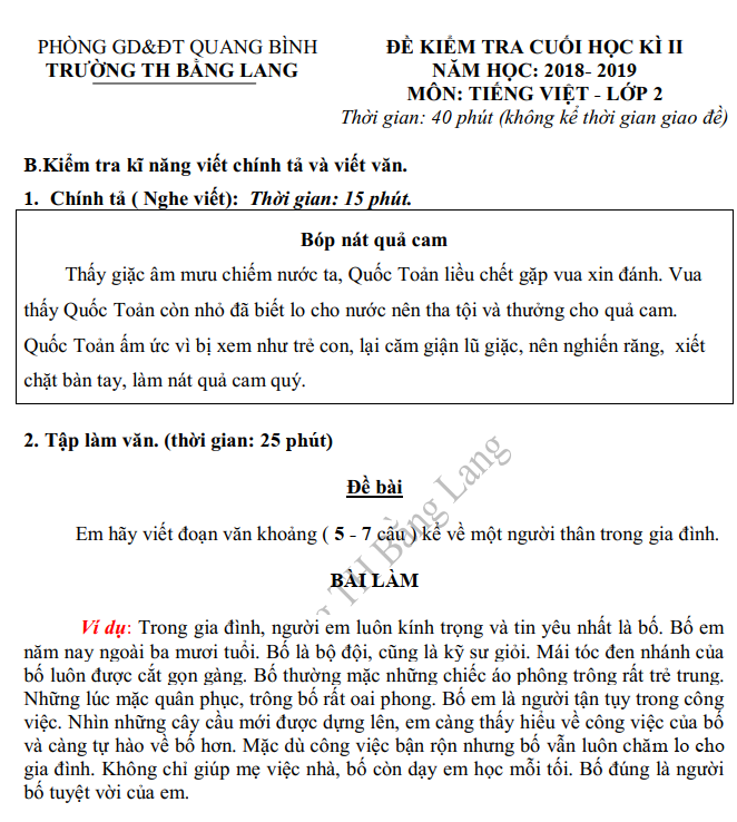 De thi ki 2 lop 2 mon Tieng Viet - TH Bang Lang 2019