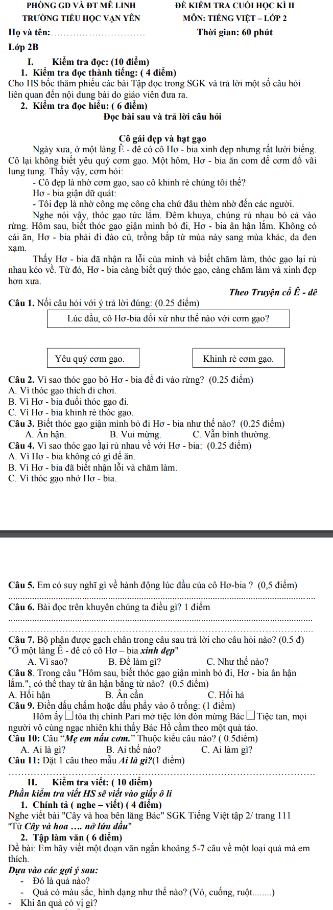 De thi ki 2 lop 2 mon Tieng Viet - TH Bang Lang 2019