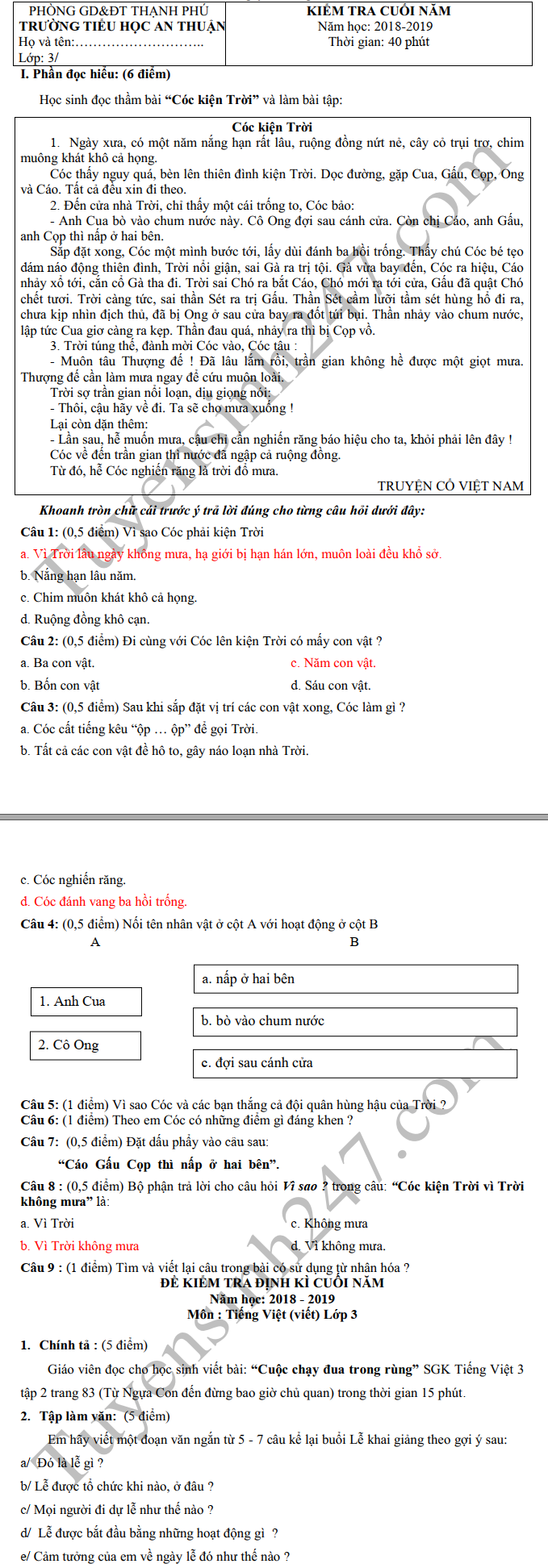 De thi ki 2 lop 3 mon Tieng Viet - TH An Thuan 2019