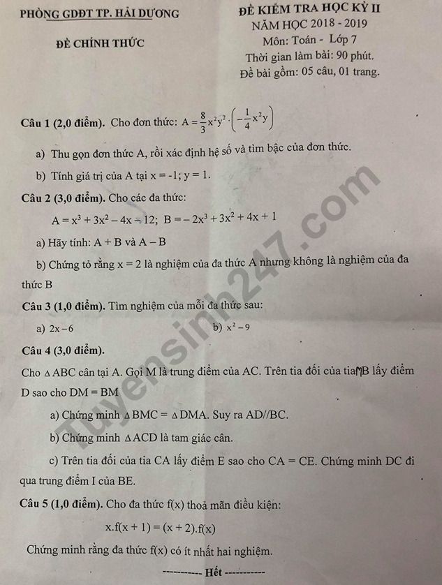 De thi ki 2 mon Toan lop 7 - Phong GD Hai Duong 2019