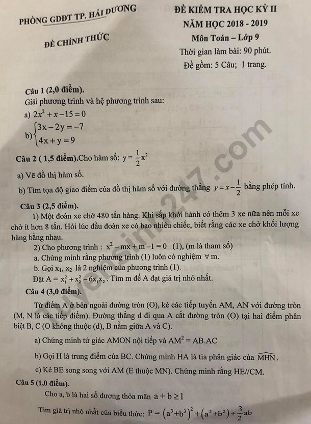 De thi ki 2 mon Toan lop 9 - Hai Duong 2019 co dap an