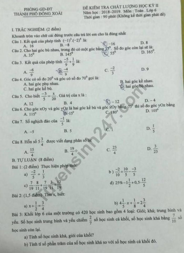 De ki 2 mon Toan lop 6 - Phong GD Dong Xoai 2019