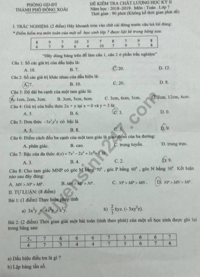 De ki 2 mon Toan lop 7 - Phong GD Dong Xoai 2019