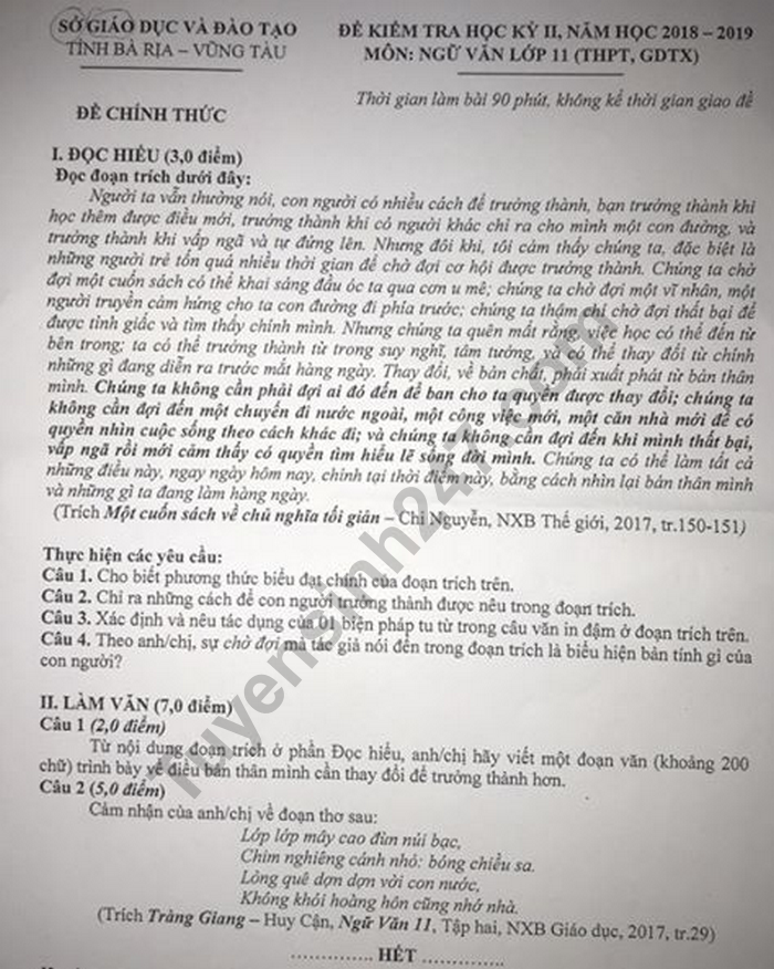 De ki 2 mon Van lop 11 nam 2019  Tinh Ba Ria - Vung Tau
