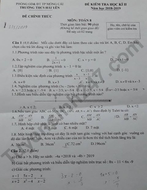 De thi hoc ki 2 lop 8 mon Toan THCS Hai Yen 2019