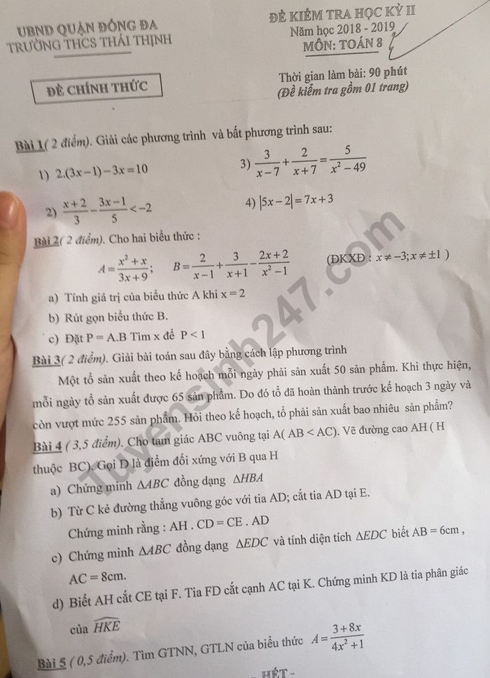 De thi ki 2 mon Toan lop 8 - THCS Thai Thinh 2019