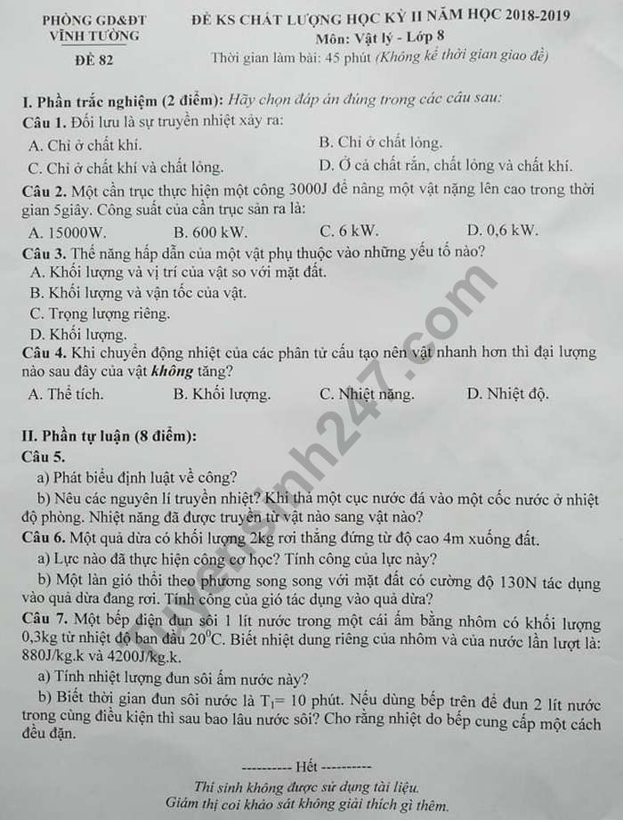 De ki 2 mon Ly lop 8 - Phong GD Vinh Tuong nam 2019