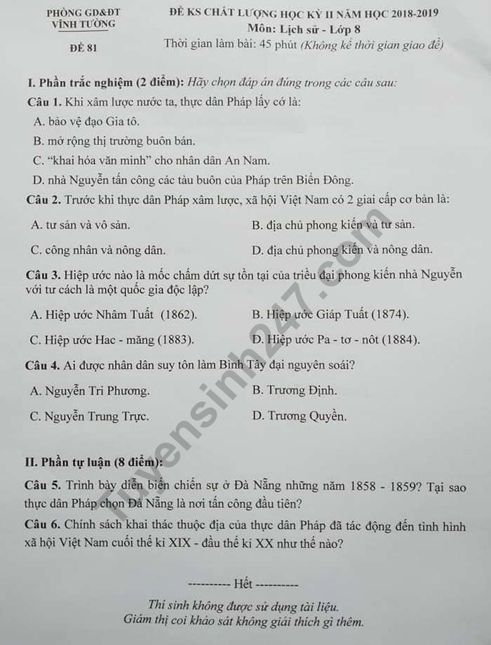 De ki 2 mon Su lop 8 - Phong GD Vinh Tuong 2019