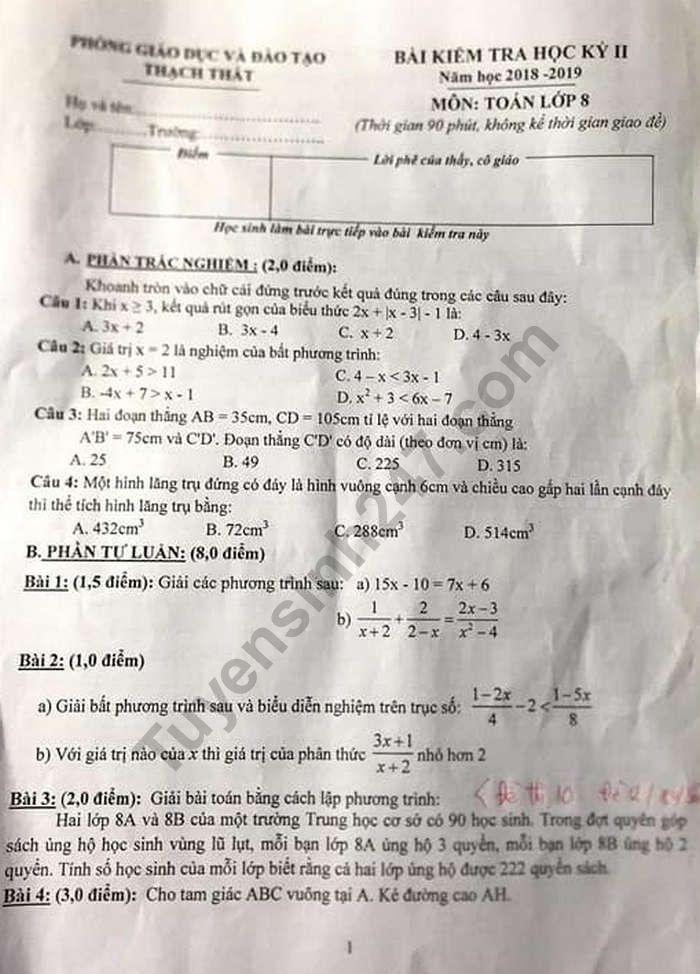 De ki 2 mon Toan lop 8 - Phong GD Thach That nam 2019
