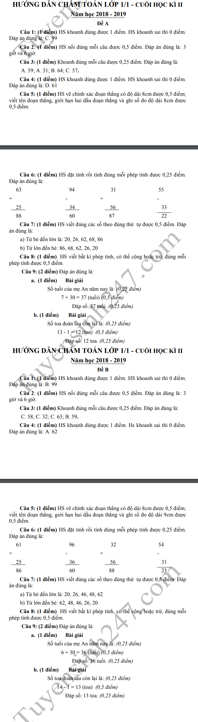 De thi ki 2 lop 1 mon Toan - TH Tan Hoi 2019 (Co dap an)