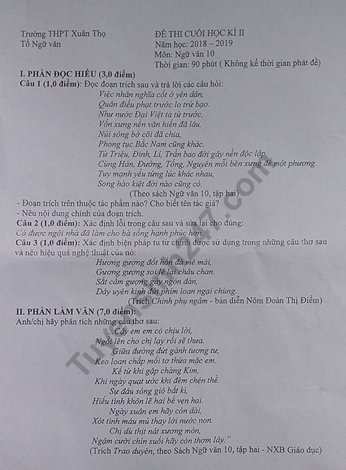 De thi ki 2 mon Van lop 10 - THPT Xuan Tho 2019