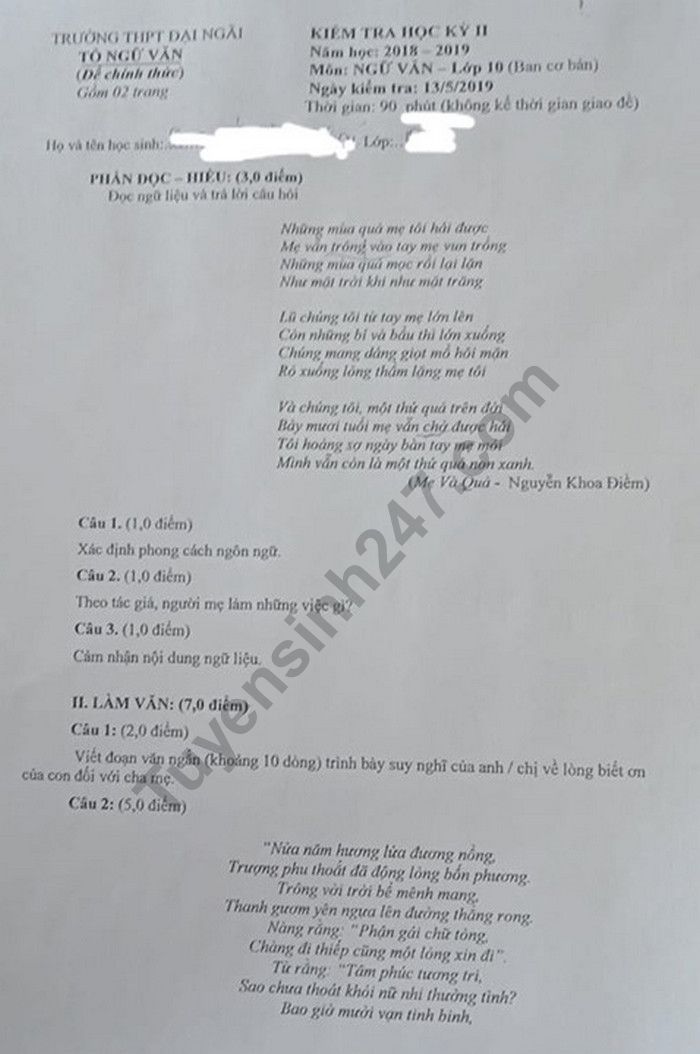 De thi ki 2 mon Van lop 10 - THPT Dai Ngai 2019