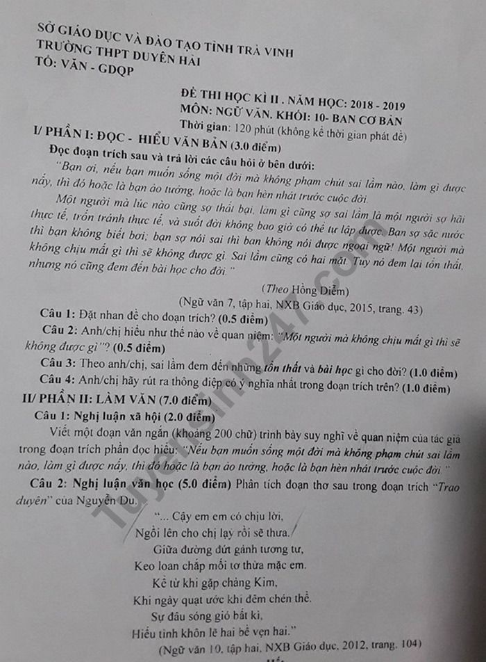 De thi ki 2 mon Van lop 10 - THPT Duyen Hai 2019