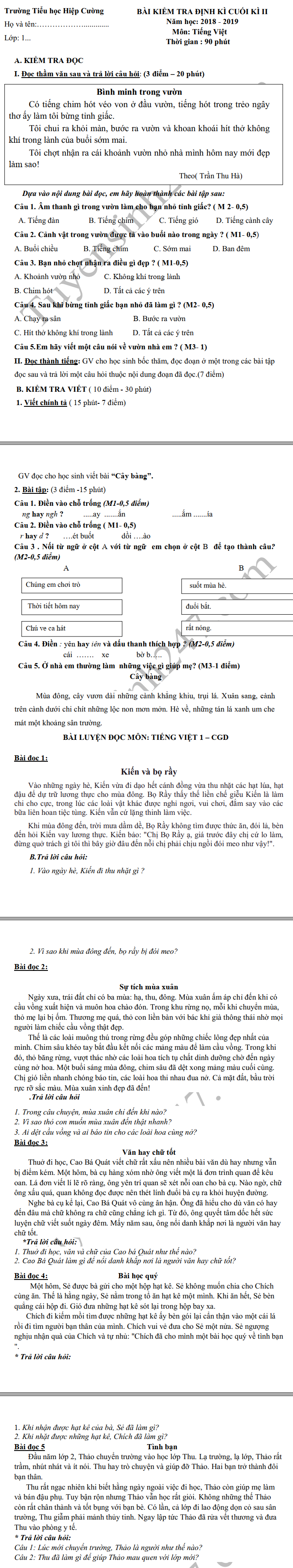 De kiem tra ki 2 lop 1 mon Tieng Viet 2019 - TH Hiep Cuong