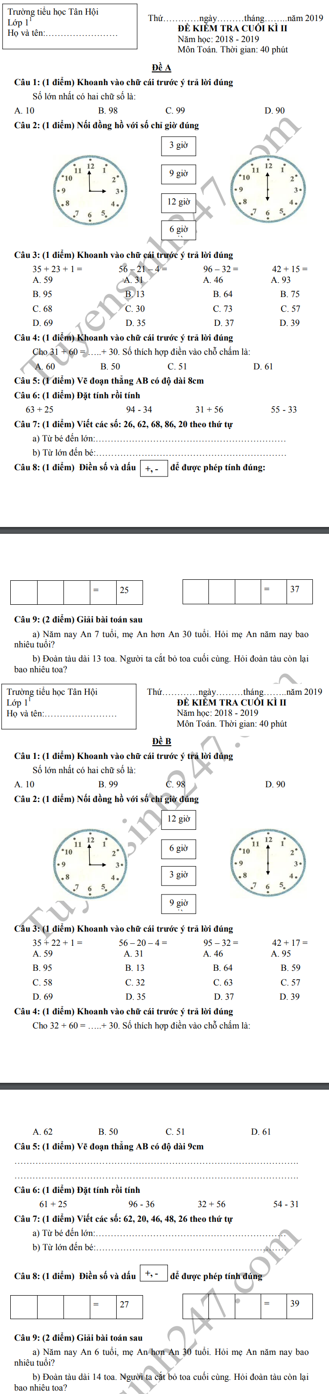 De thi ki 2 lop 1 mon Toan - TH Tan Hoi 2019 (Co dap an)