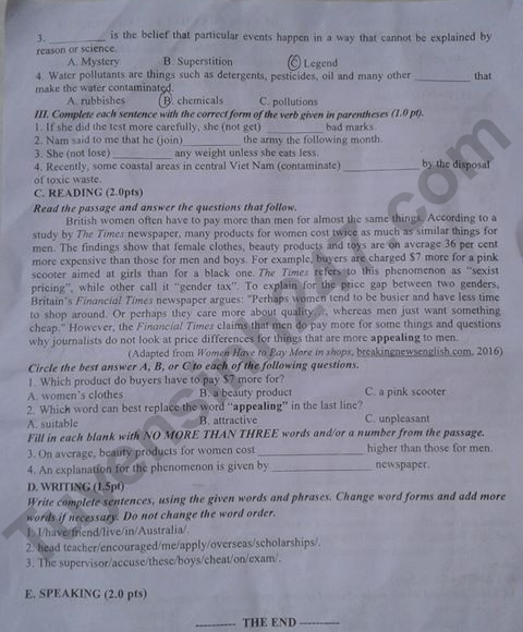 De thi ki 2 lop 10 mon Anh - Phong GD Bac Ninh 2019