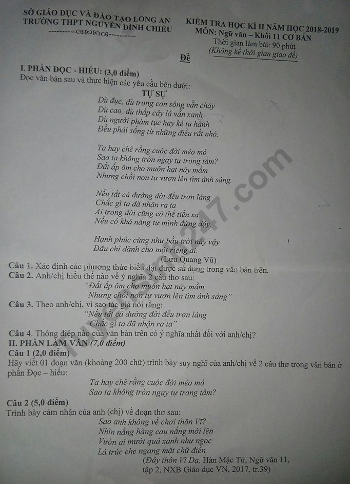 De thi ki 2 lop 11 nam 2019 mon Van - THPT Nguyen Dinh Chieu