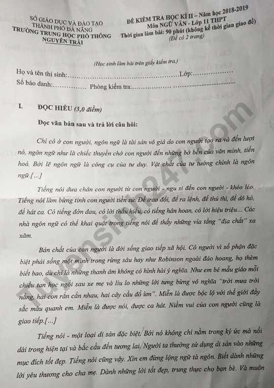 De thi ki 2 lop 11 mon Van THPT Nguyen Trai 2019