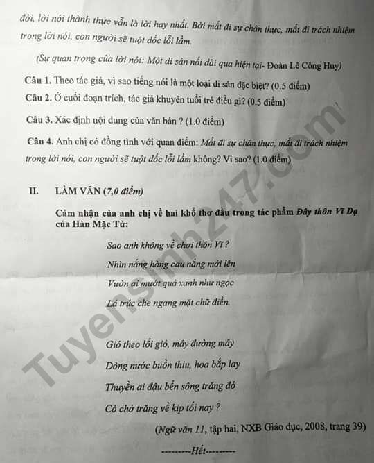 De thi ki 2 lop 11 mon Van THPT Nguyen Trai 2019