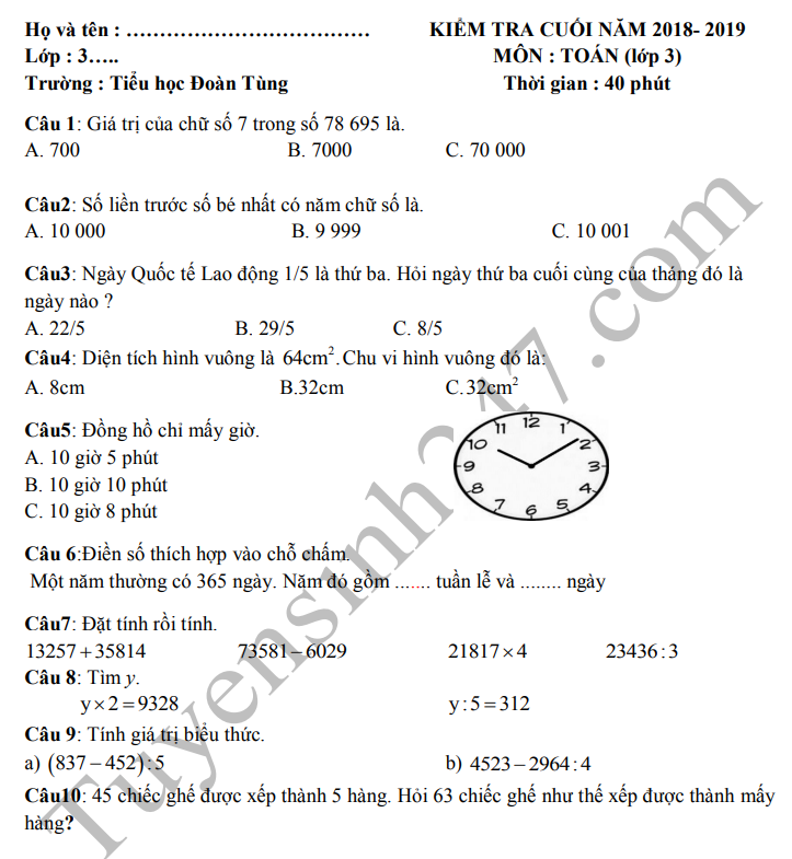 De thi ki 2 lop 3 mon Toan 2019 - TH Doan Tung