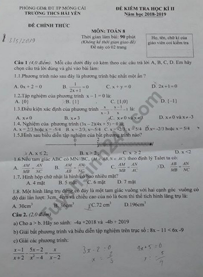 De mon Toan ki 2 lop 8 - THCS Hai Yen 2019