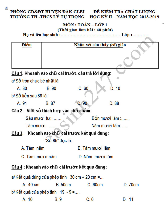 De thi hoc ki 2 mon Toan lop 1 - TH Ly Tu Trong 2019 (co dap an)