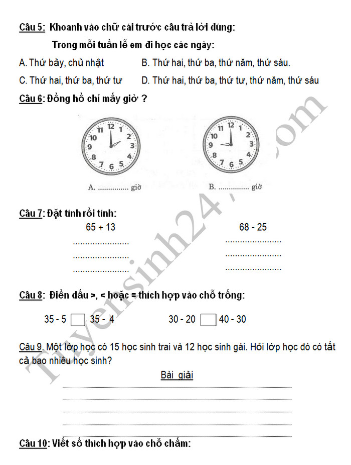 De thi hoc ki 2 mon Toan lop 1 - TH Ly Tu Trong 2019 (co dap an)