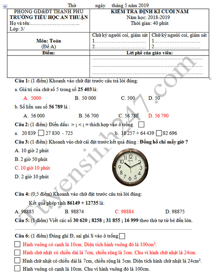De ki 2 mon Toan lop 3 - TH An Thuan nam 2019
