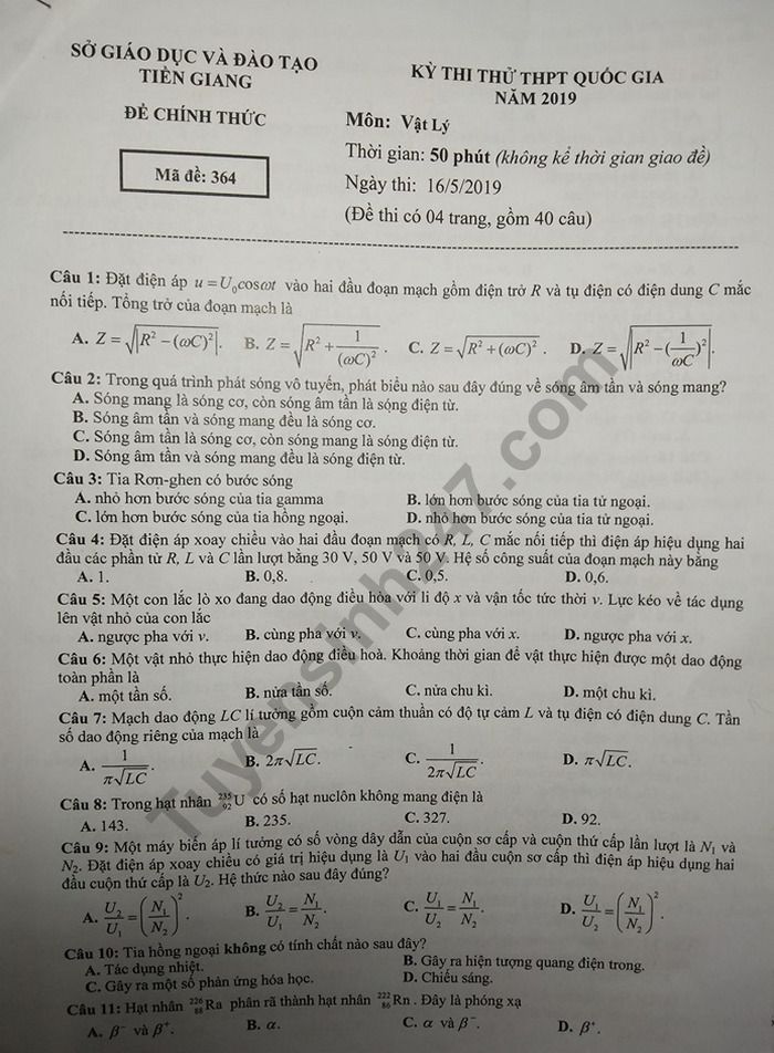 De thi thu THPTQG 2019 mon Ly - So GD Tien Giang
