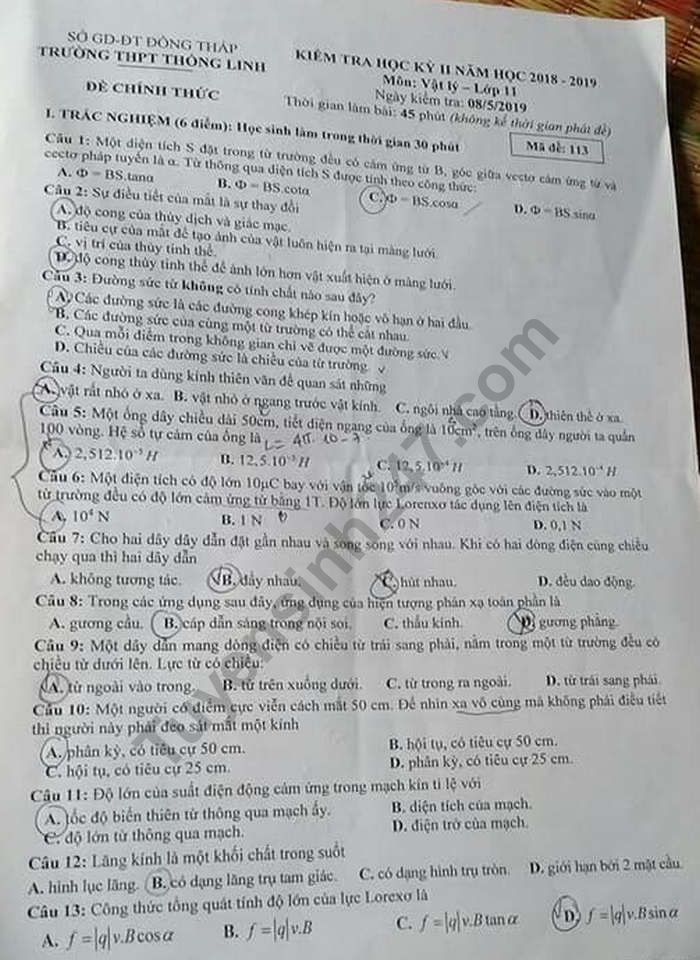 De thi hoc ki 2 mon Ly lop 11 - THPT Thong Linh 2019