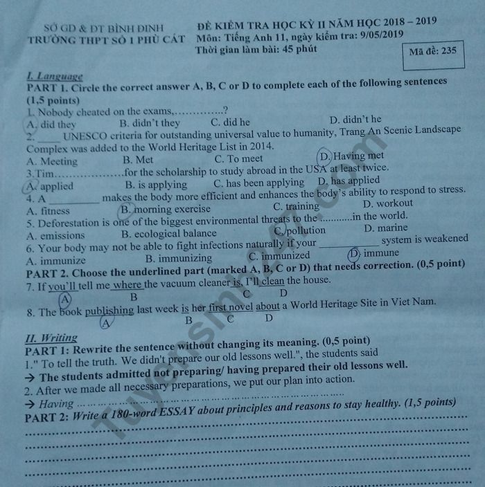 De thi ki 2 mon Anh lop 11 - THPT So 1 Phu Cat 2019