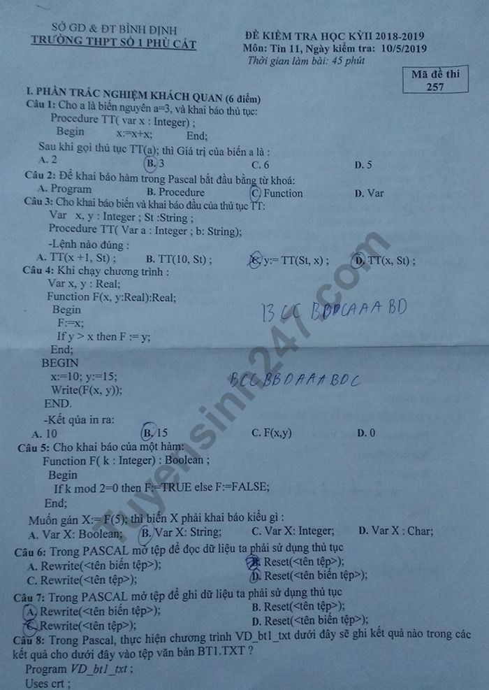 De ki 2 mon Tin lop 11 nam 2019 - THPT So 1 Phu Cat