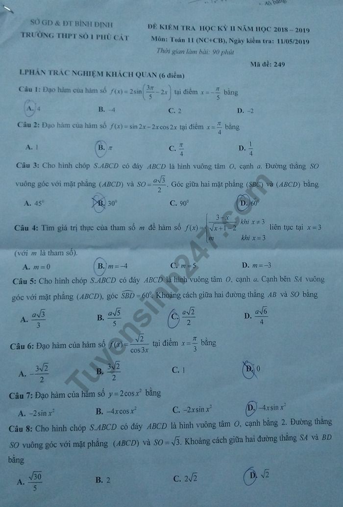 De thi hoc ki 2 mon Toan lop 11 - THPT So 1 Phu Cat 2019