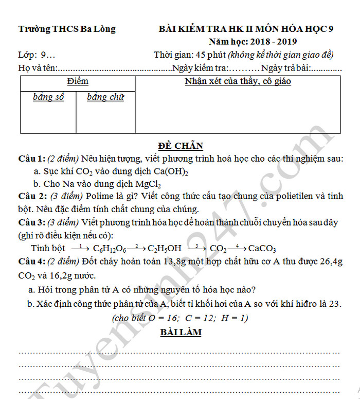 De ki 2 mon Hoa lop 9 - THCS Ba Long nam 2019